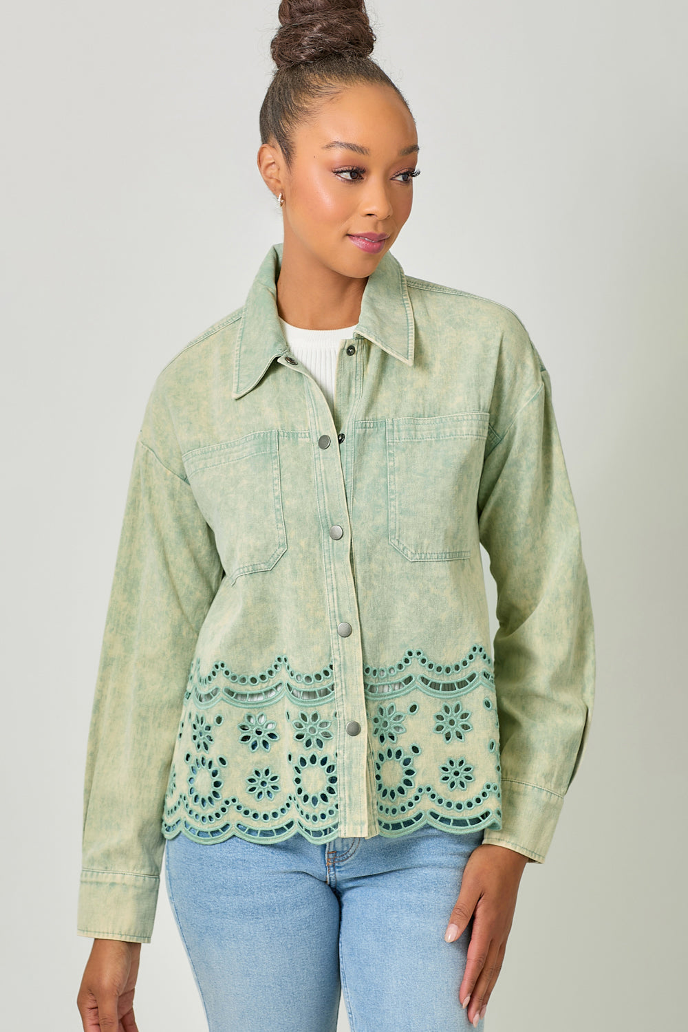 Eyelet Hem Detail Washed Shacket Sage Mint