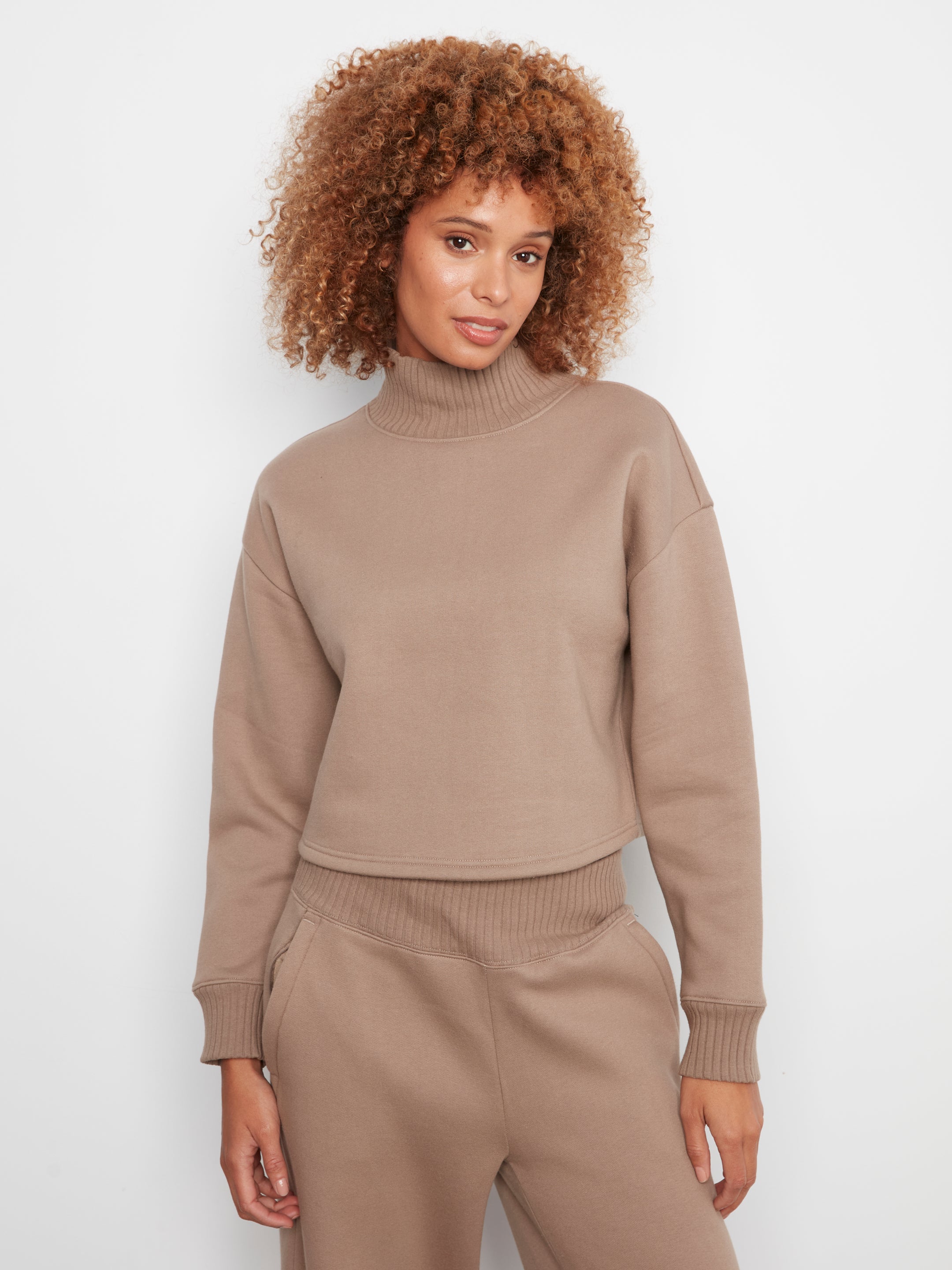 French Terry Long Sleeve Rib Mock Neck Top Taupe