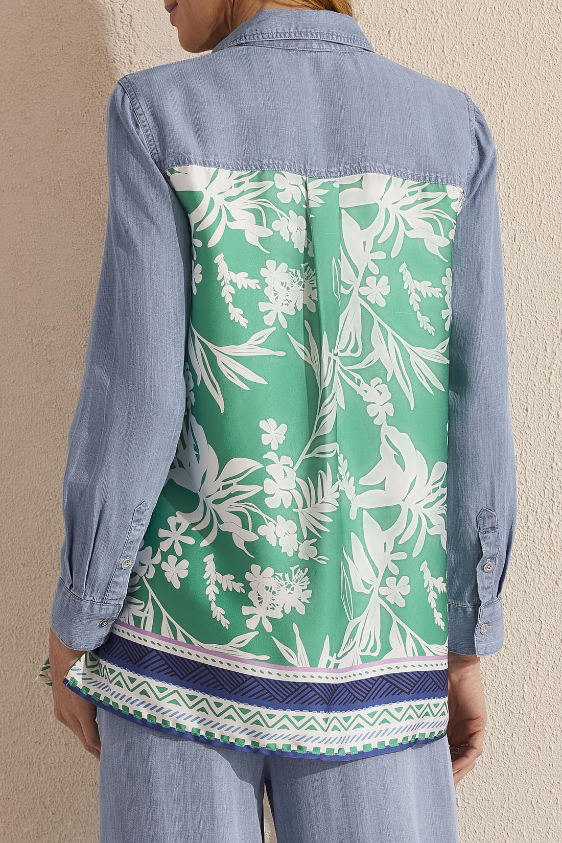 Mixed Media Border Print Denim Shirt Jade Mist