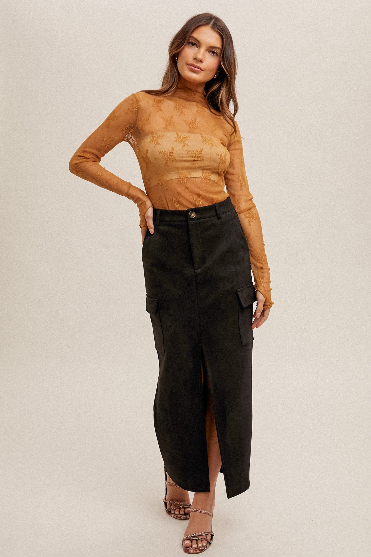 Mock Neck Lace Thumb Hole Sleeve Top Dijon Mustard