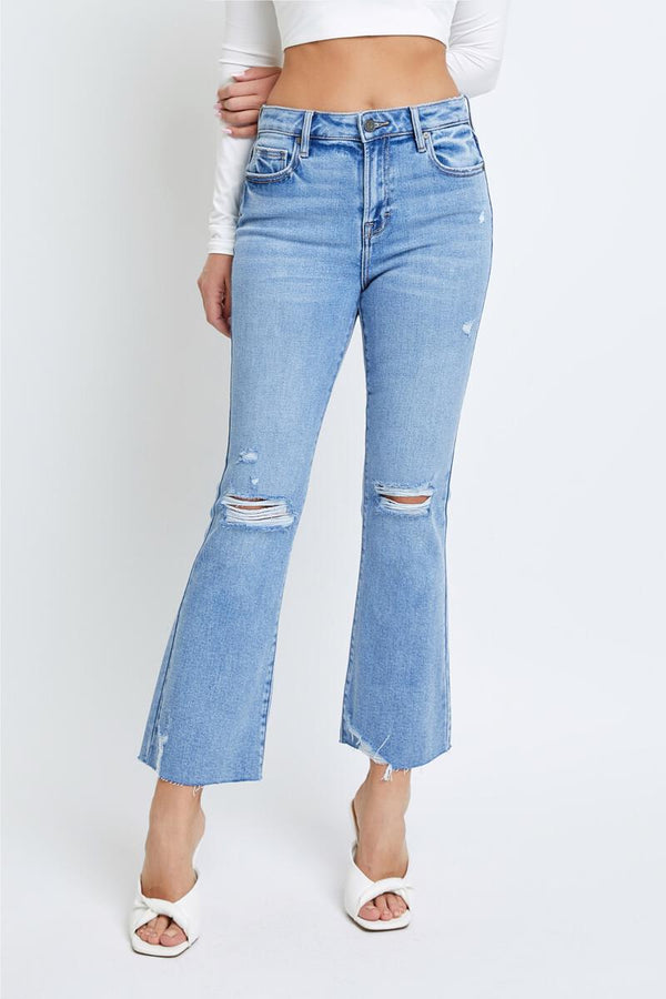 Happi Distressed Clean Cut Cropped Flare Light Wash