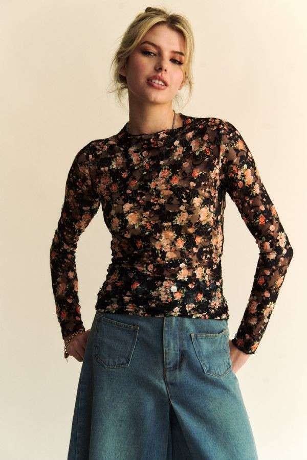 Floral Print Mesh Long Sleeve Layering Top Black + Orange