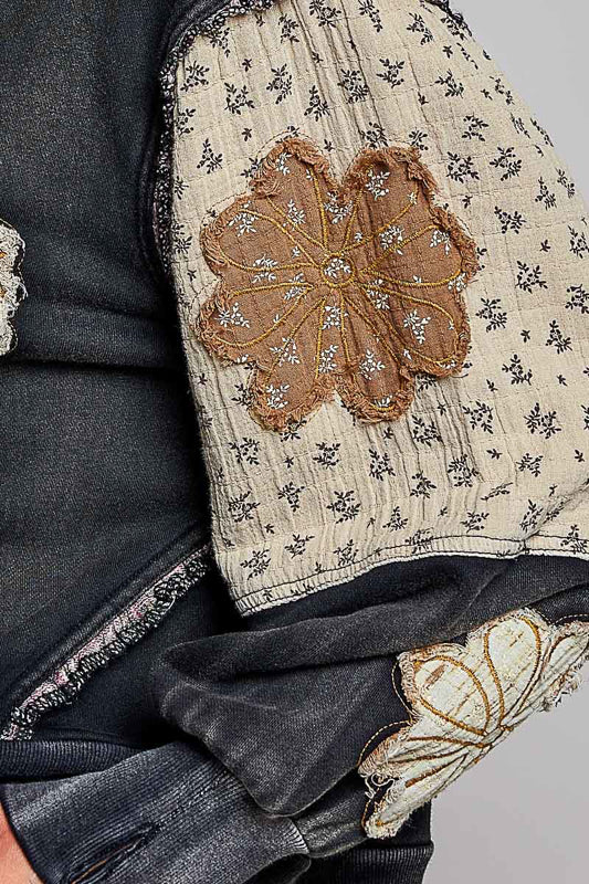 Floral Patch Exposed Seam Shoulder Ruffle Sweatshirt