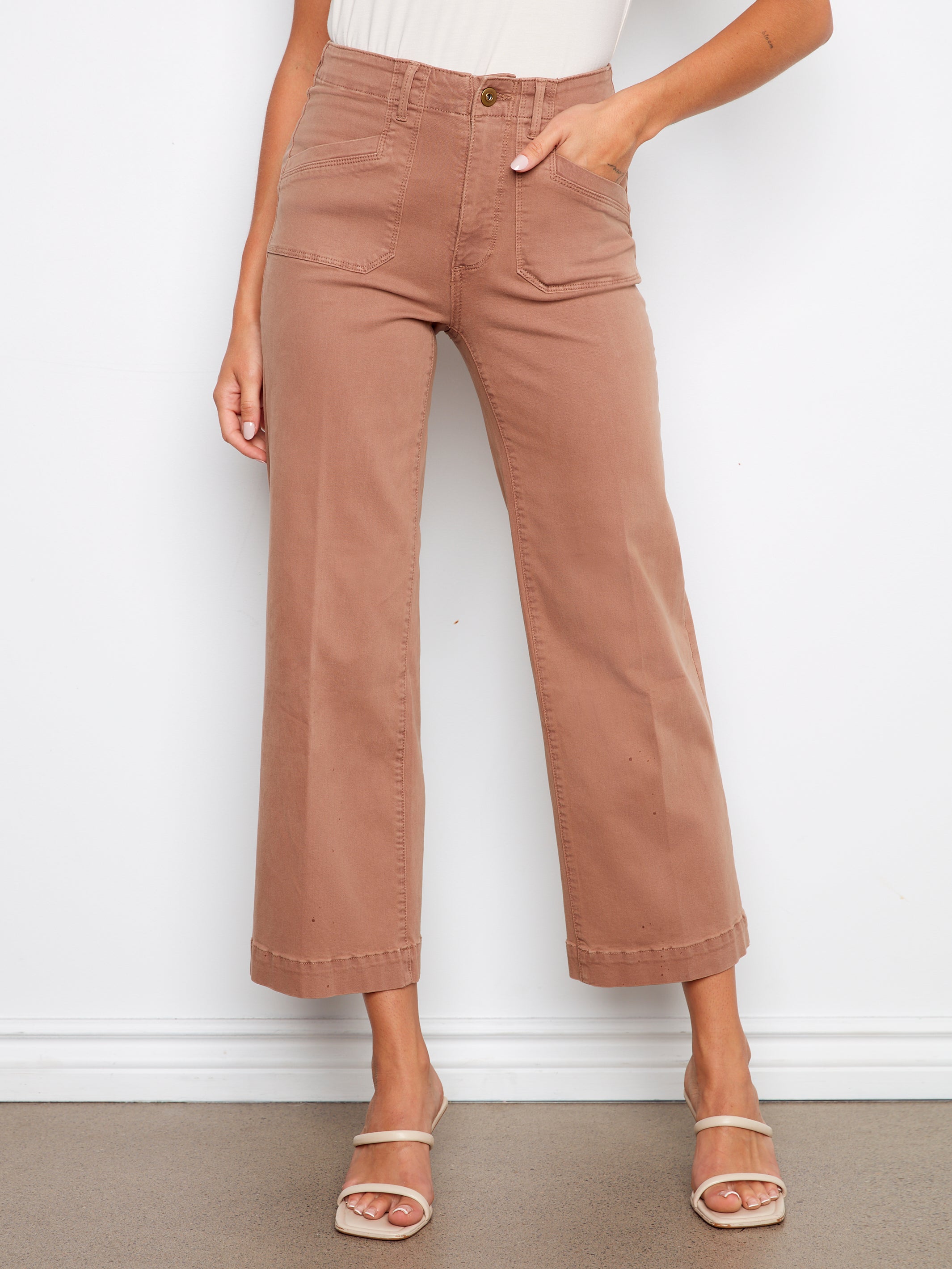 Twill Patch Pocket Cropped Wide Leg Twill Pants Desert