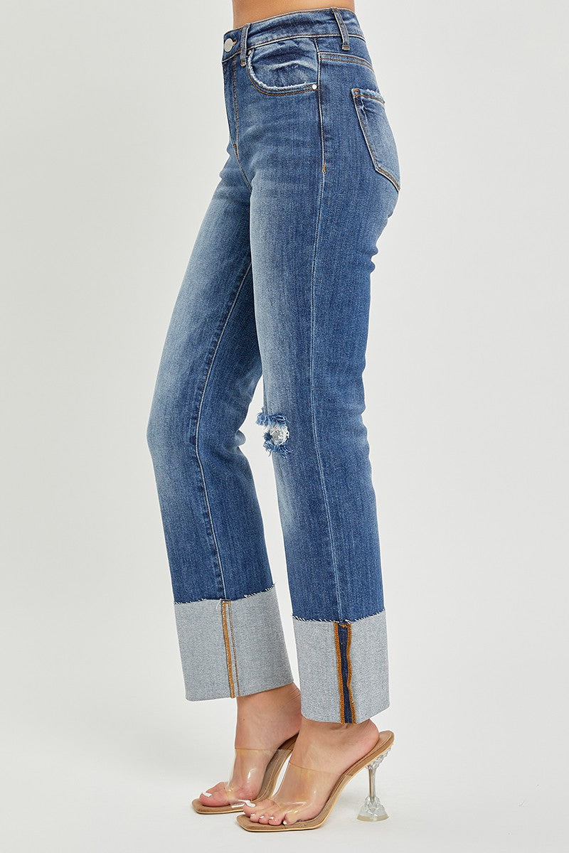 High Rise Wide Cuffed Straight Jeans Dark