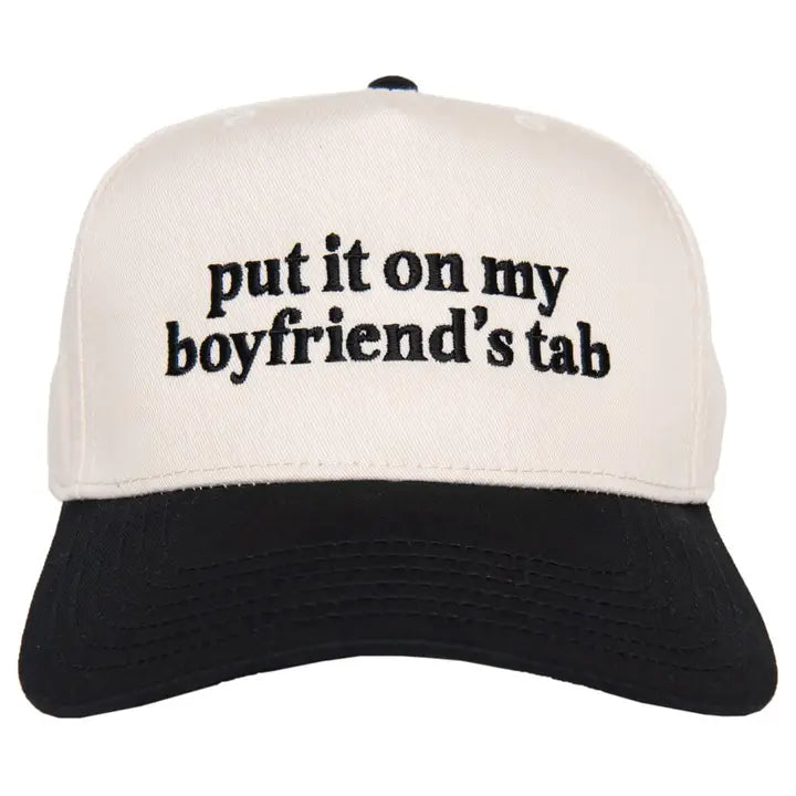 Put It On My Boyfriend's Tab Two Tone Trucker Hat Black + Tan