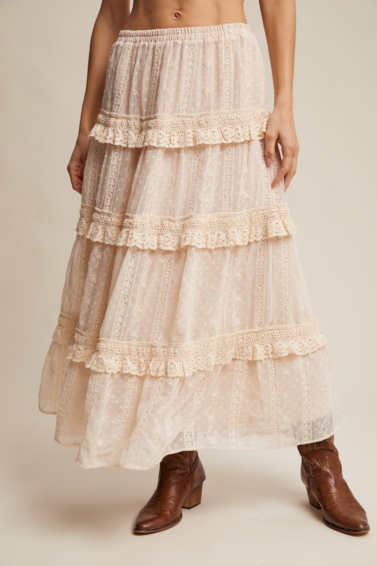 Embroidered Lace Tiered Maxi Skirt Ecru