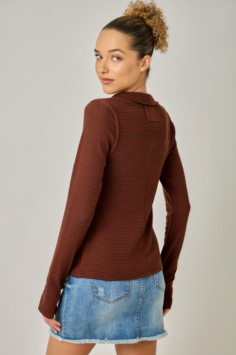 High Neck Pinstripe Henley Top Brick + Navy
