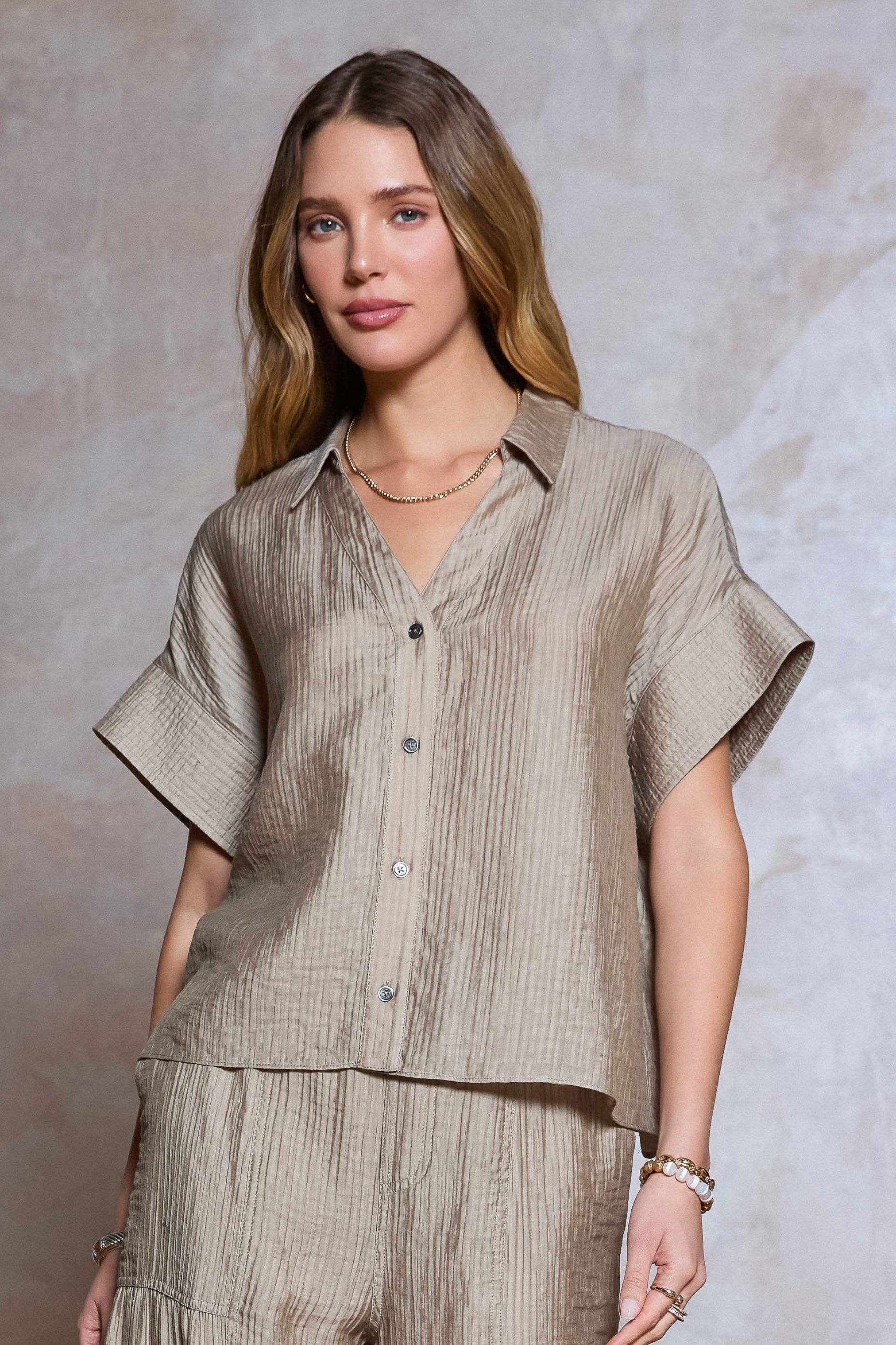 Crinkled Oversized Short Sleeve Blouse Dusty Sand