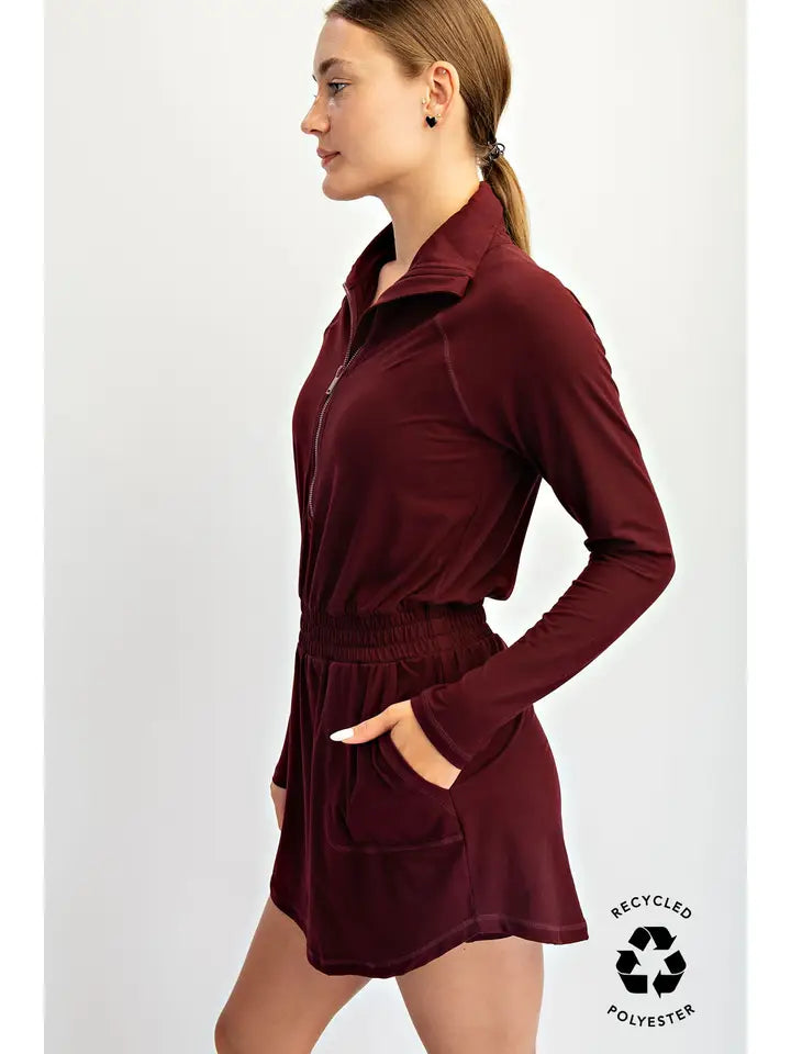 Butter Soft Quarter Zip Skirt Romper Dark Cherry
