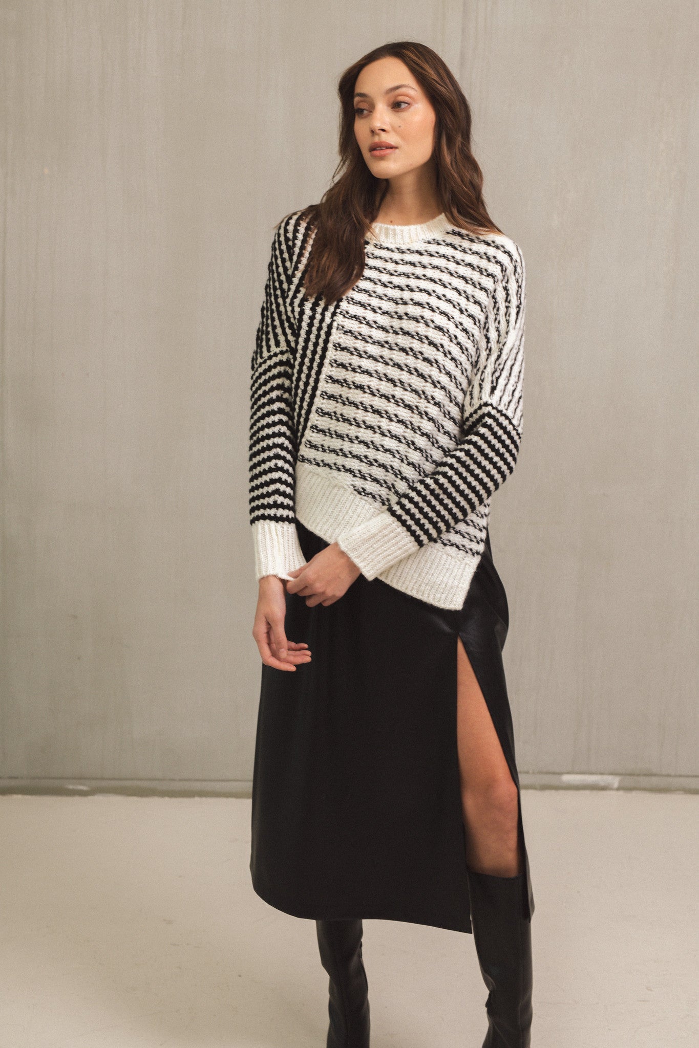 Contrast Mix Stripe Chunky Knit Asymmetric Sweater Black + White