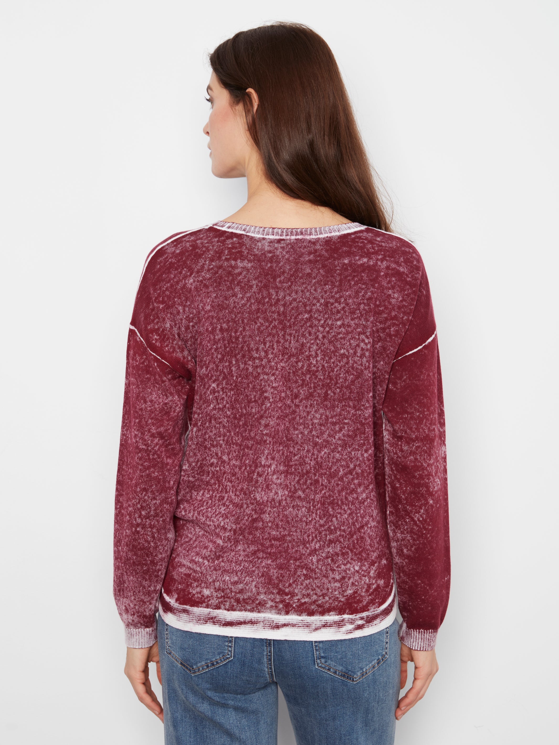 Solid Crew Neck Distressed Wash Sweater Merlot