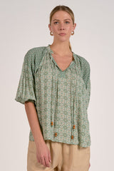 Mix Boho Print Bubble Sleeve Tied Top Green Boho