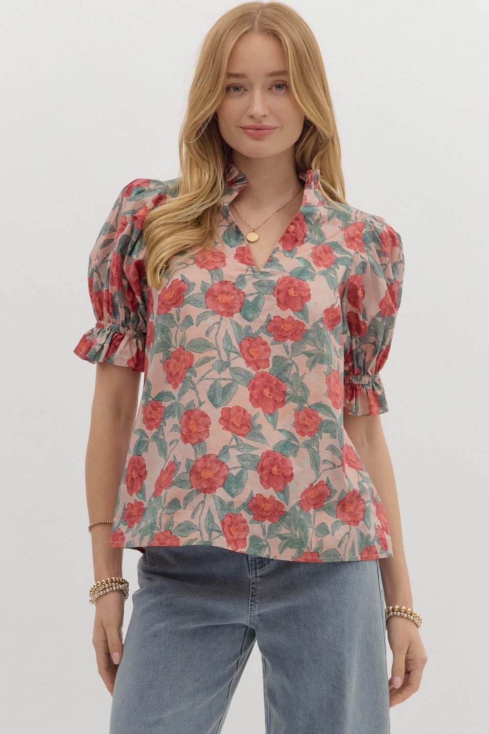 Floral Pattern Short Puff Sleeve Pleated Ruffle Top Vintage Rose