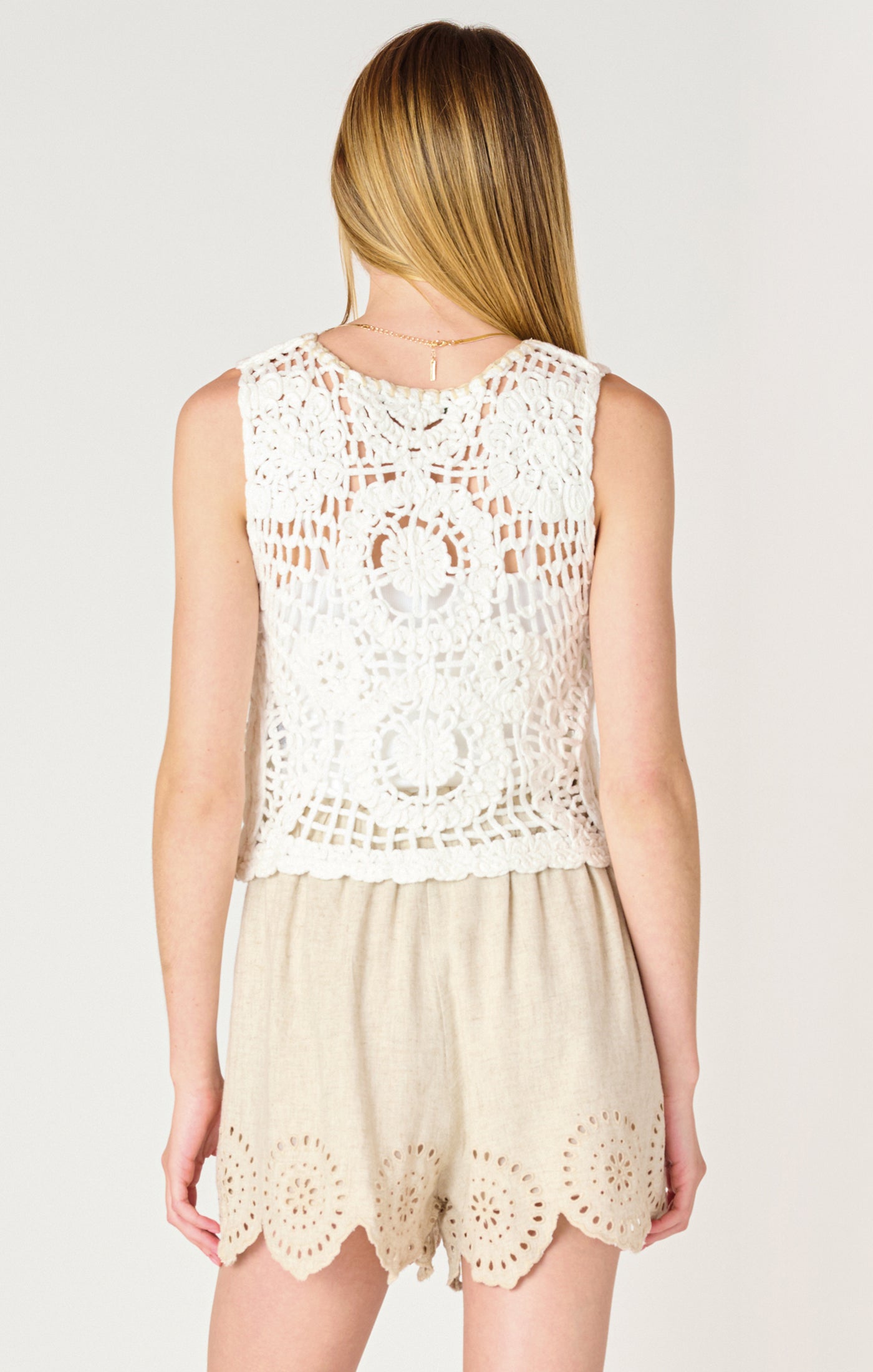 Button Front Crochet Vest Off White + Beige