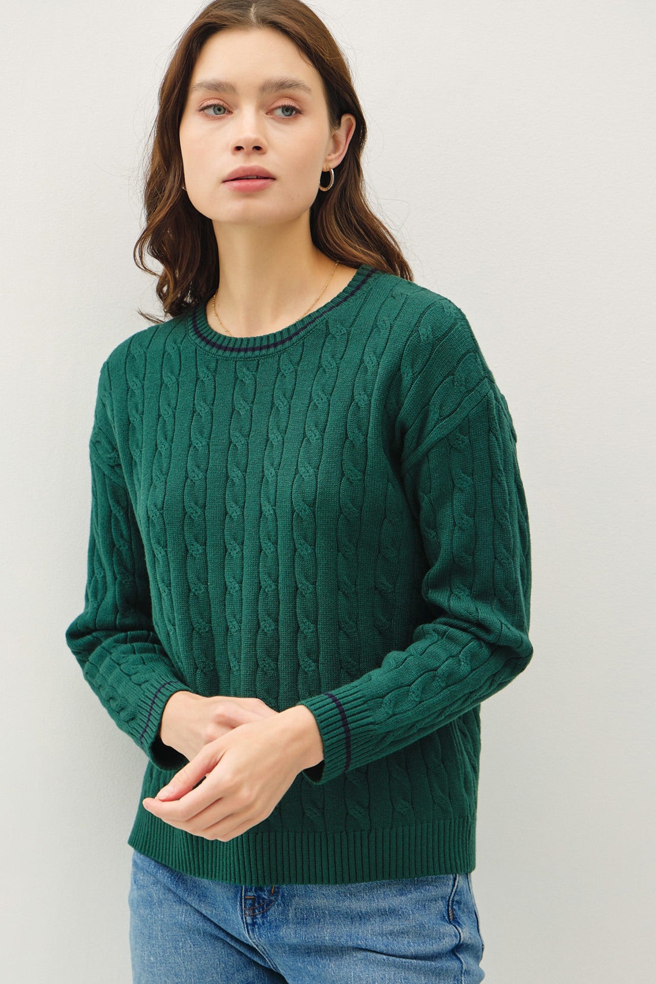 Chunky Cable Knit Stripe Detail Sweater Hunter