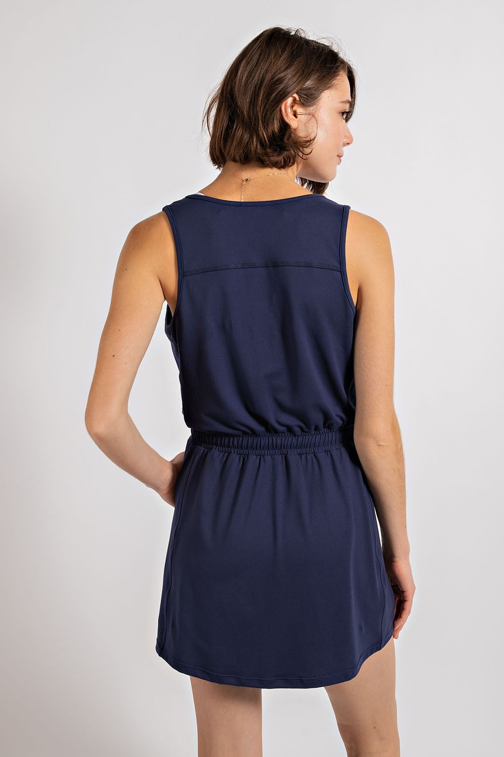 Sleeveless Cinched Drawstring Waist Half Zip Romper Dress Navy