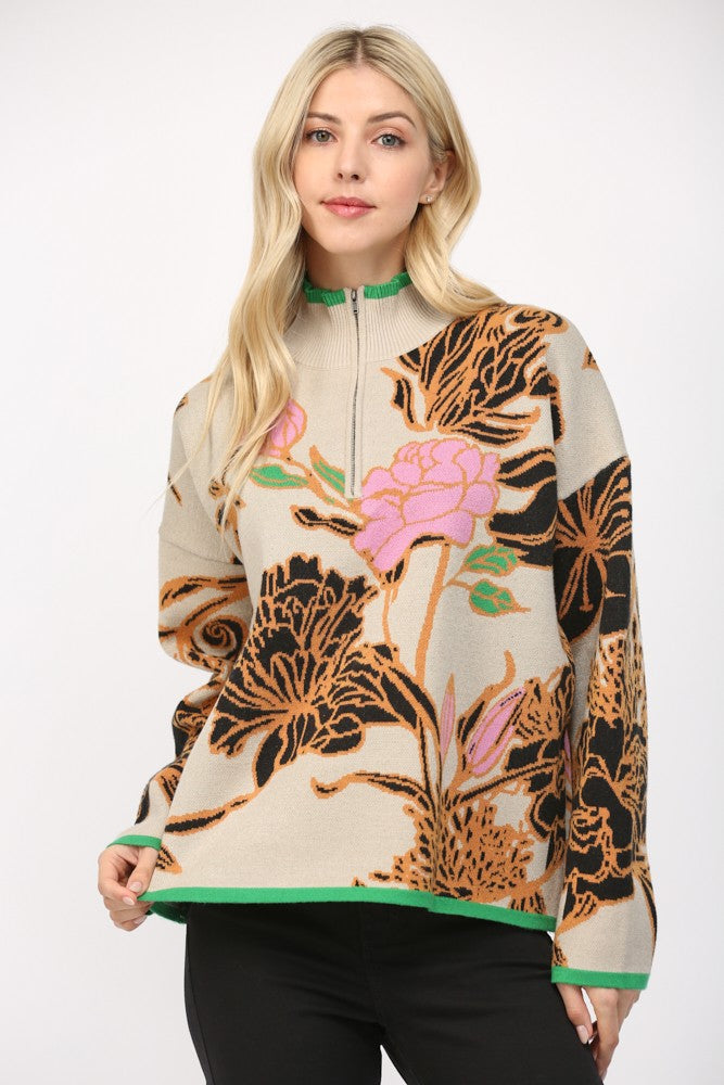 Floral Jacquard Mock Neck Half Zip Sweater Taupe
