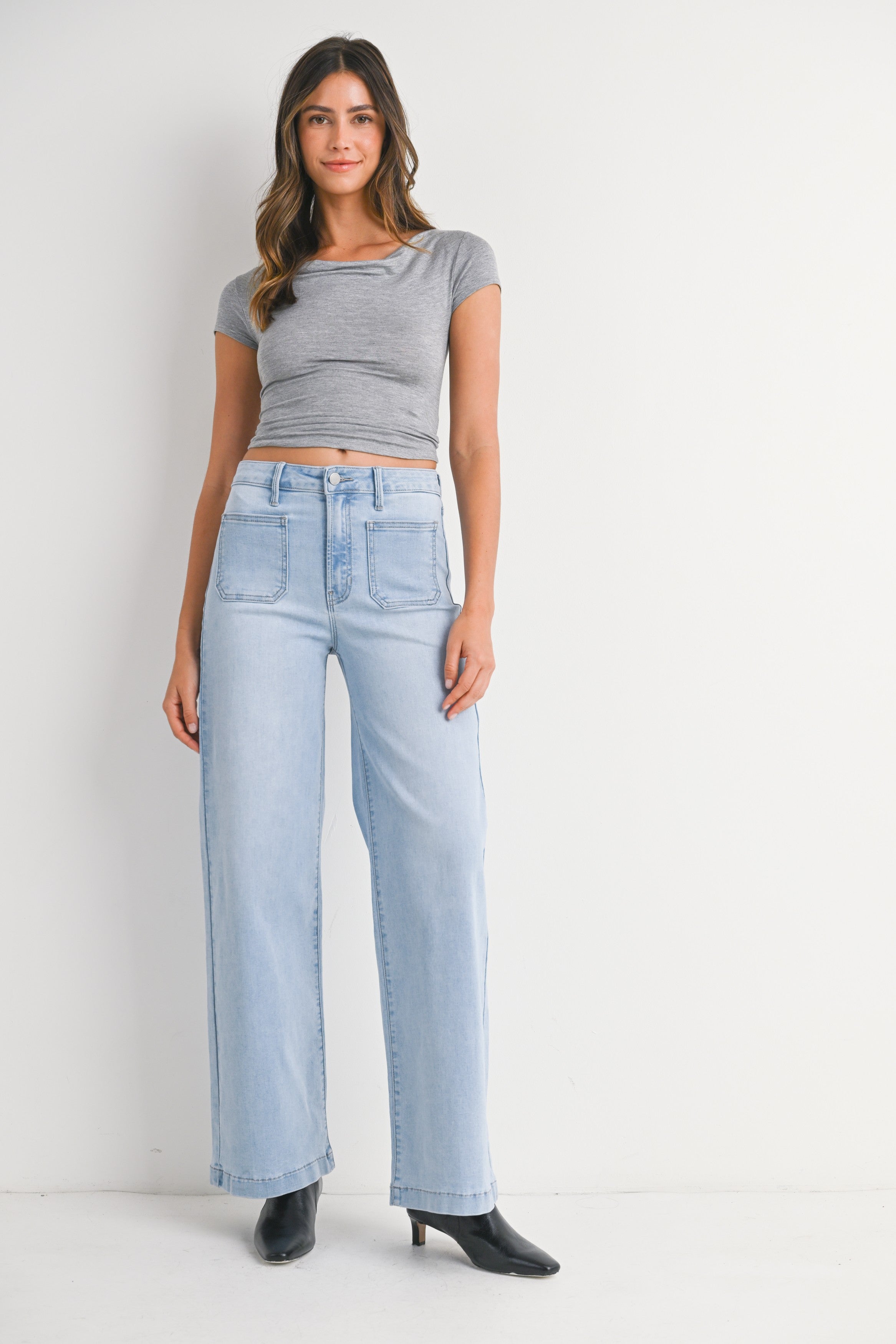Mini Patch Pocket Wide Hem Flare Jeans Light Denim