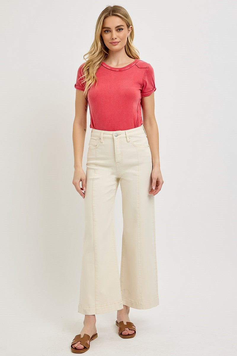 Tummy Control High Rise Crop Detail Wide Jeans Ivory