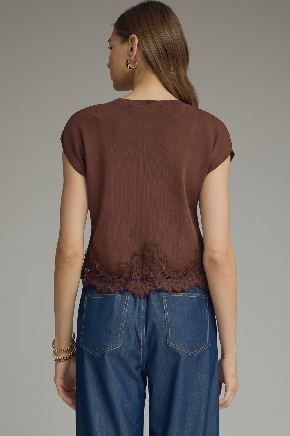 Cap Sleeve Knit Lace Hem Top Brown