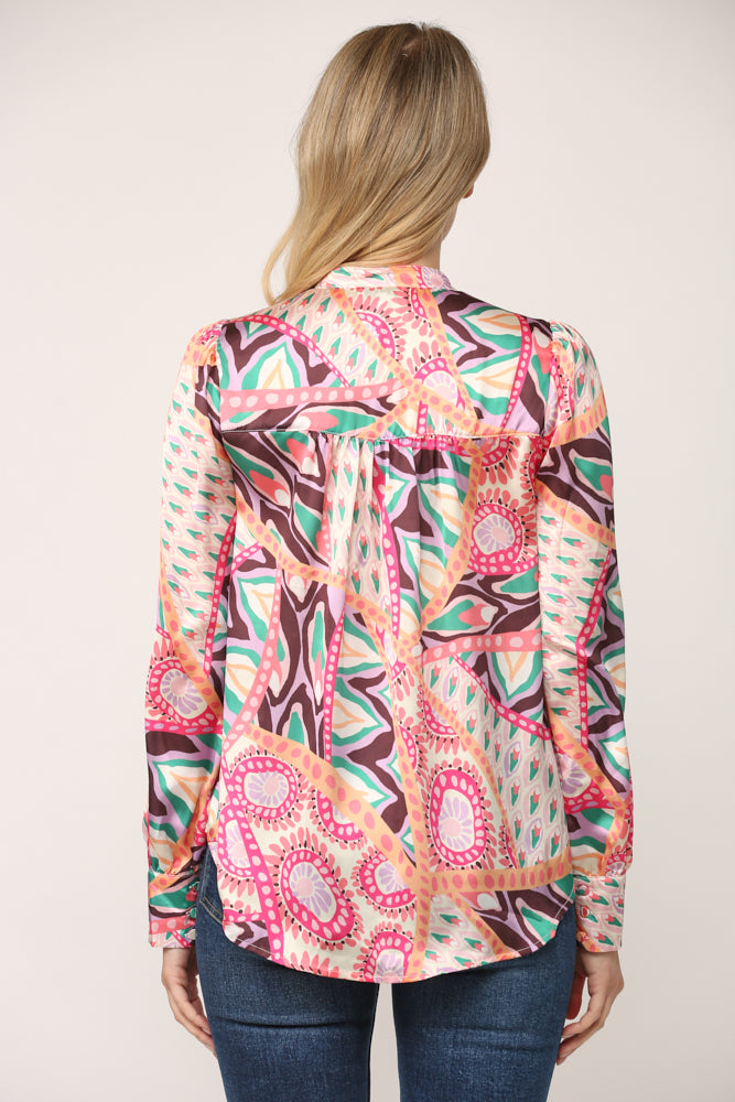 Mixed Abstract Feather Print Band Collar Shirt Peach + Pink
