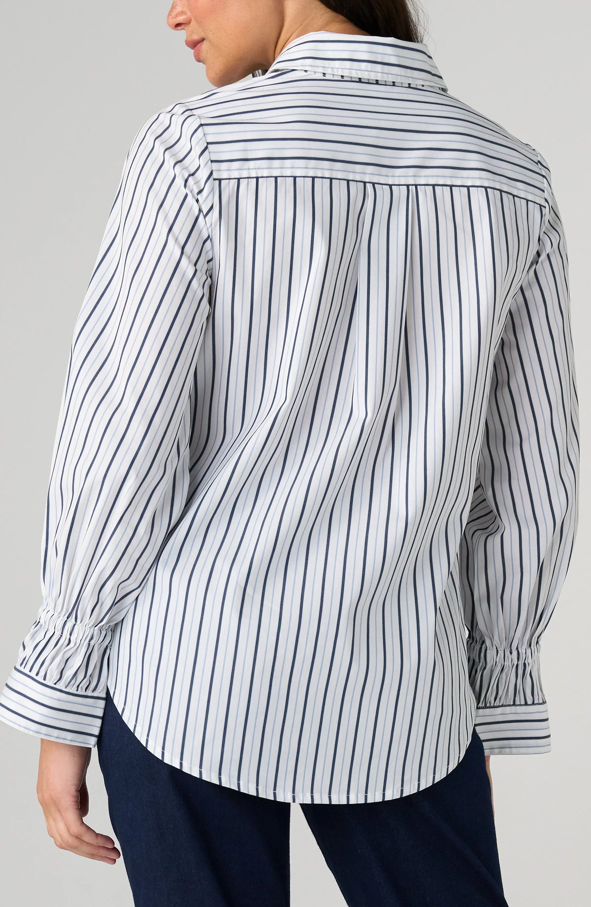 Adjustable Sleeve Button Down Shirt White Navy Multi Stripe