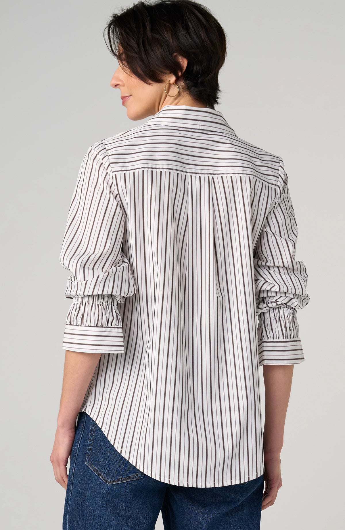 Adjustable Sleeve Button Down Shirt Cream Dark Espresso Stripe