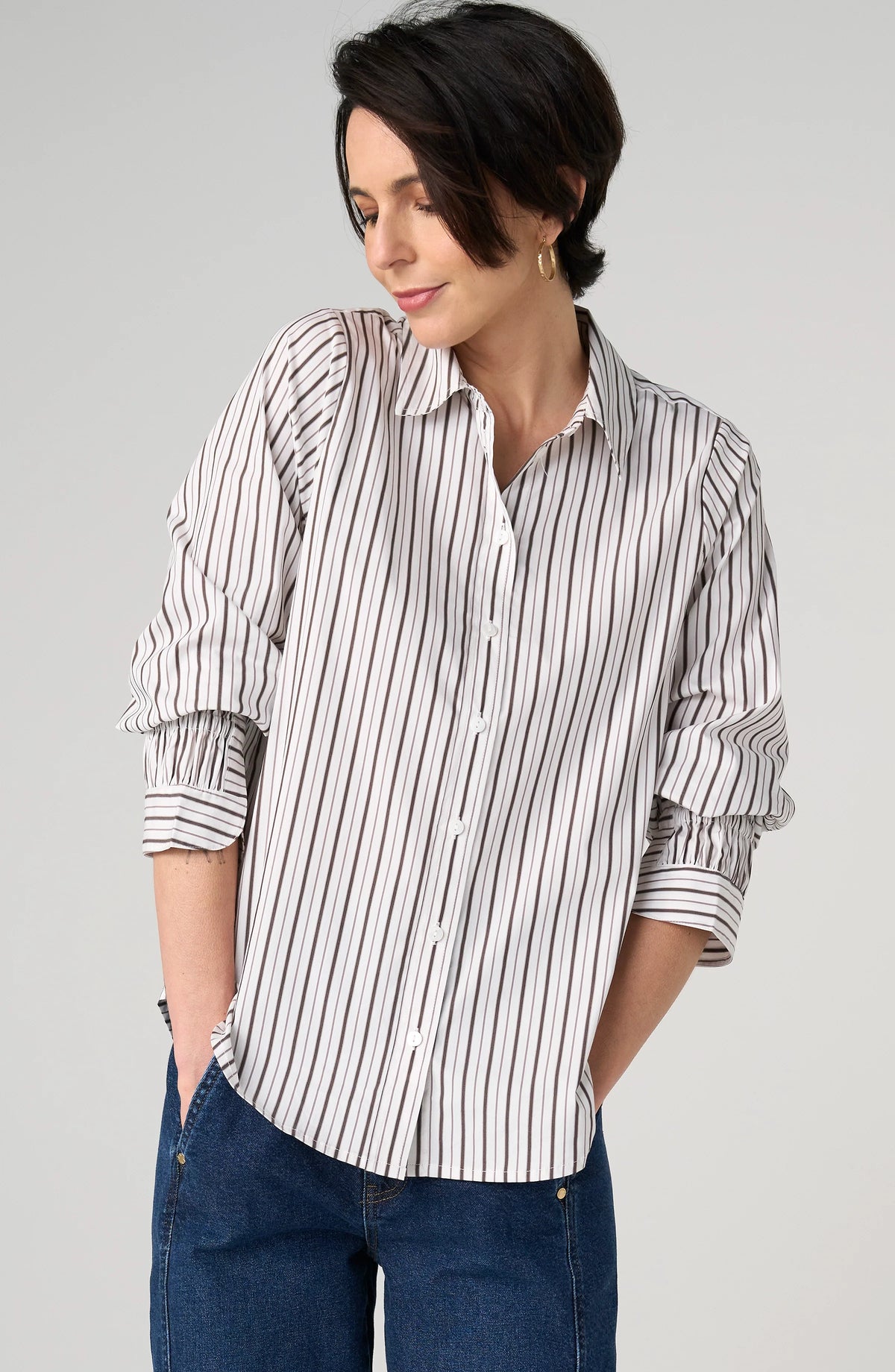 Adjustable Sleeve Button Down Shirt Cream Dark Espresso Stripe