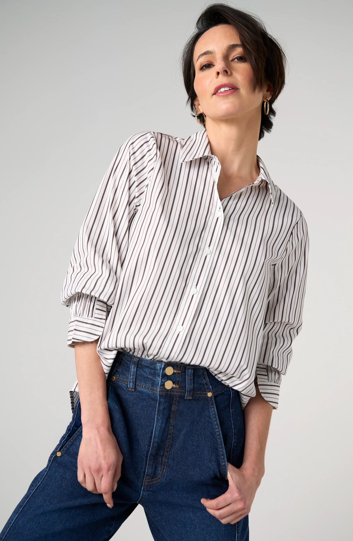Adjustable Sleeve Button Down Shirt Cream Dark Espresso Stripe