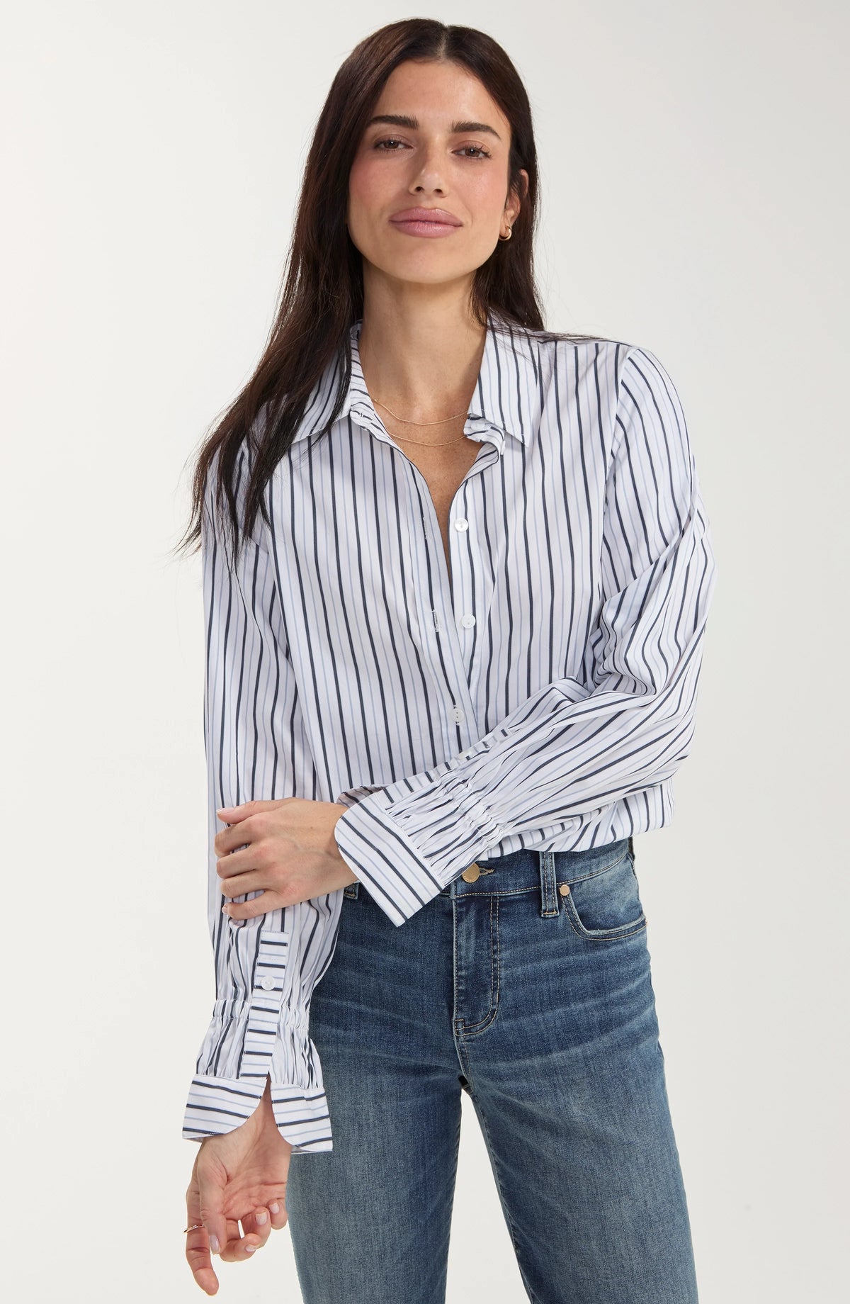 Adjustable Sleeve Button Down Shirt White Navy Multi Stripe