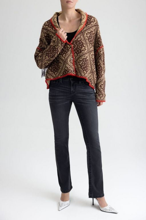 Contrast Stitch Paisley Print Sweater Cardigan