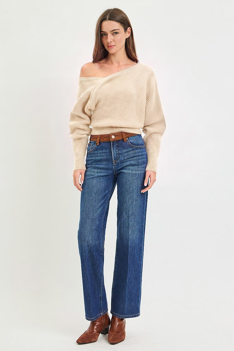 High Rise Straight Suede Waist Band Jeans - Dark Combo