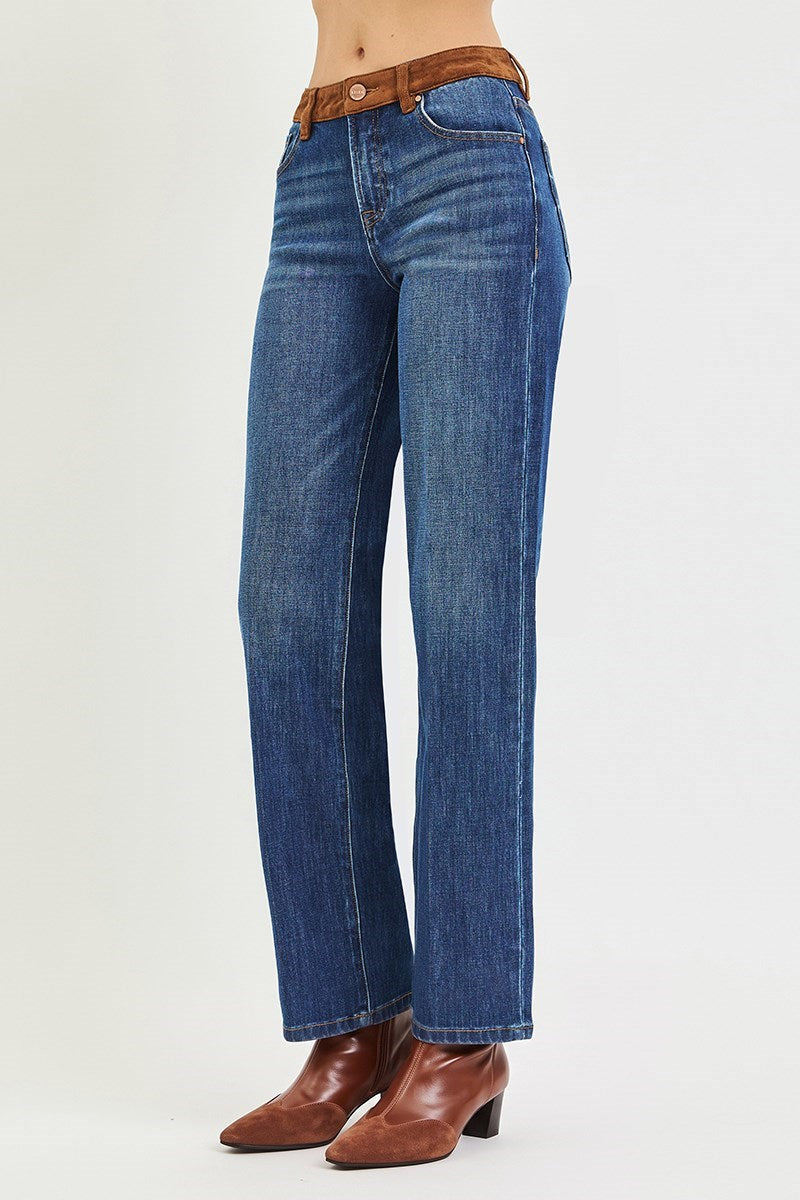 High Rise Straight Suede Waist Band Jeans - Dark Combo