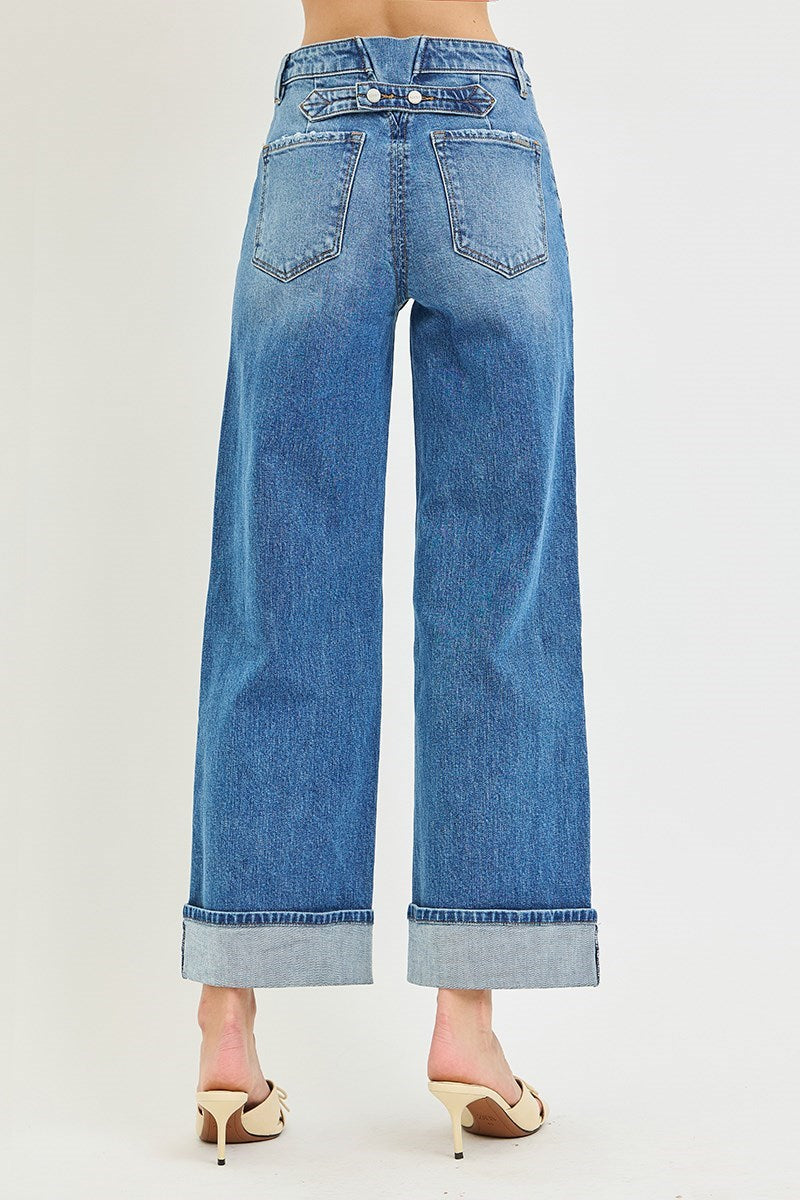 Seam Detail Cuffed Wide Leg Jeans