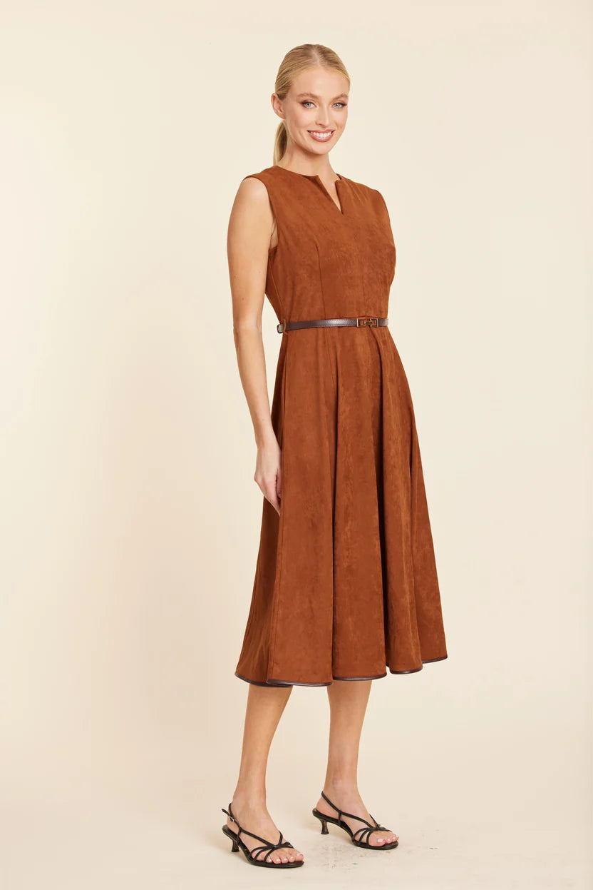 Sleeveless Vneck Belted Suede Maxi Dress