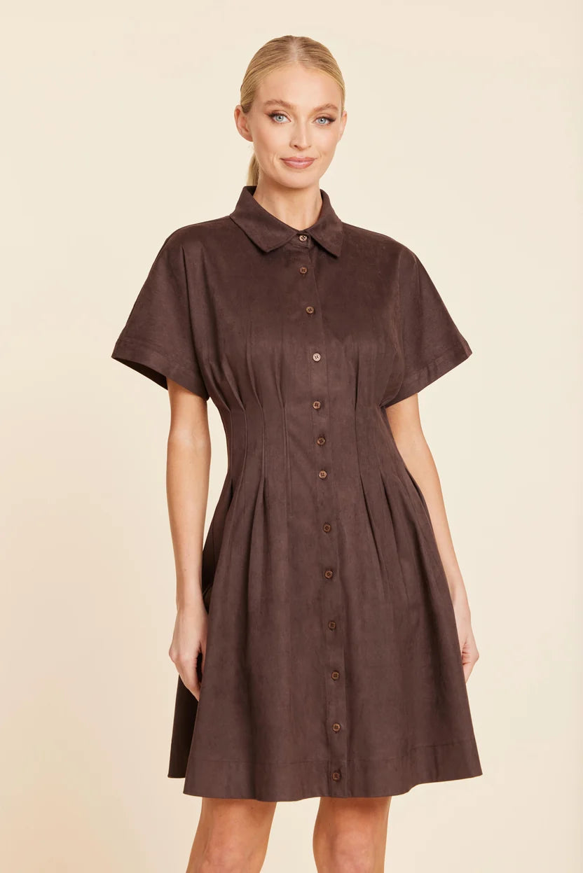 Pleated Waist Detail Collared Suede Dress