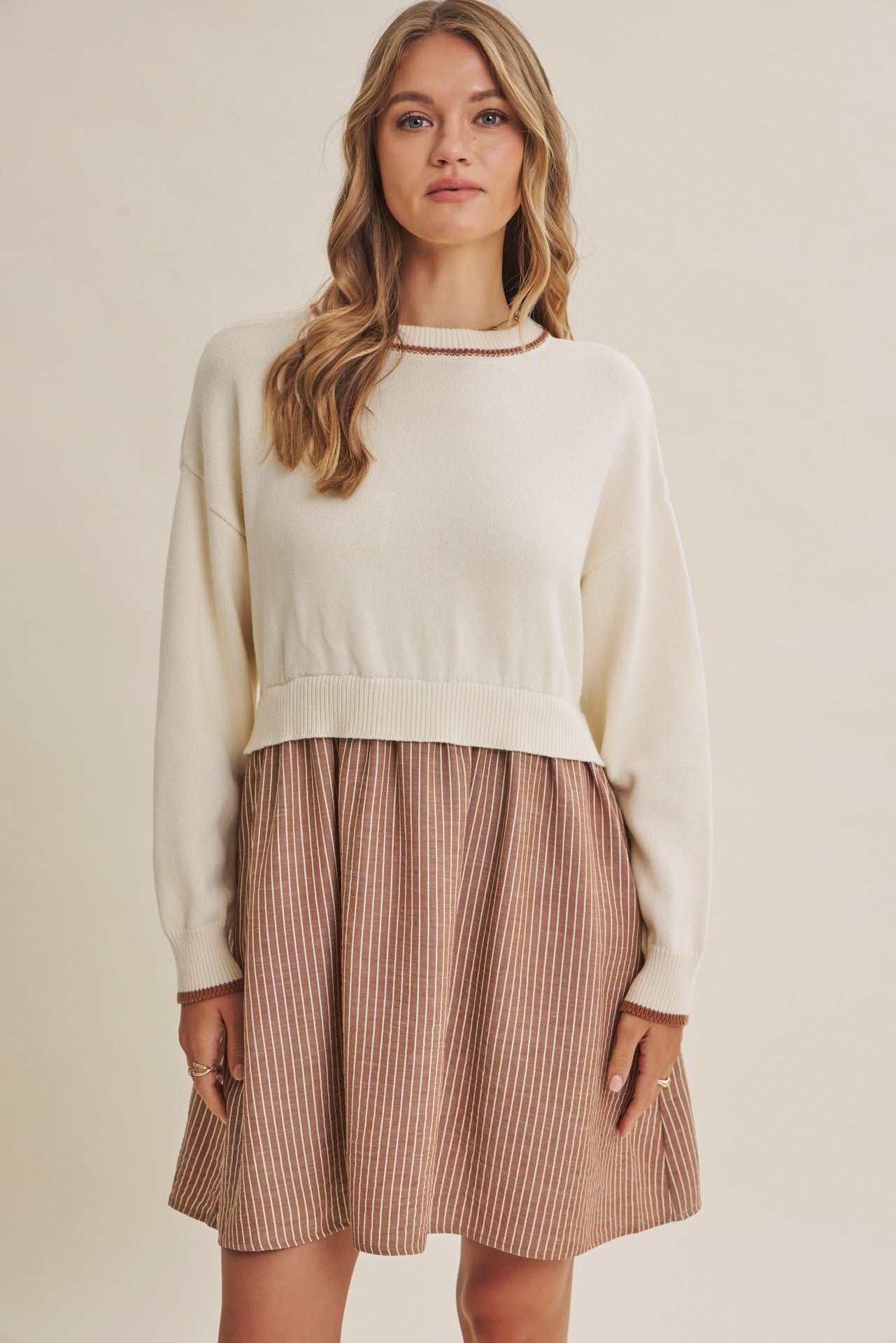 Golden Fields Layered Two Fer Stripe Mini Dress Mocha
