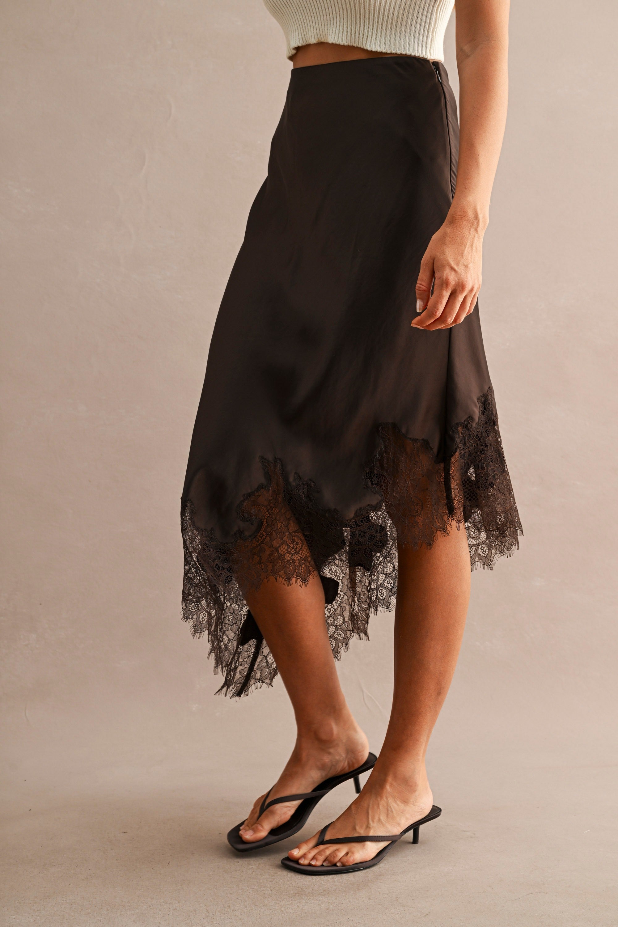 High Waisted Lace Trim Asymmetric Hem Midi Skirt Chocolate Brown