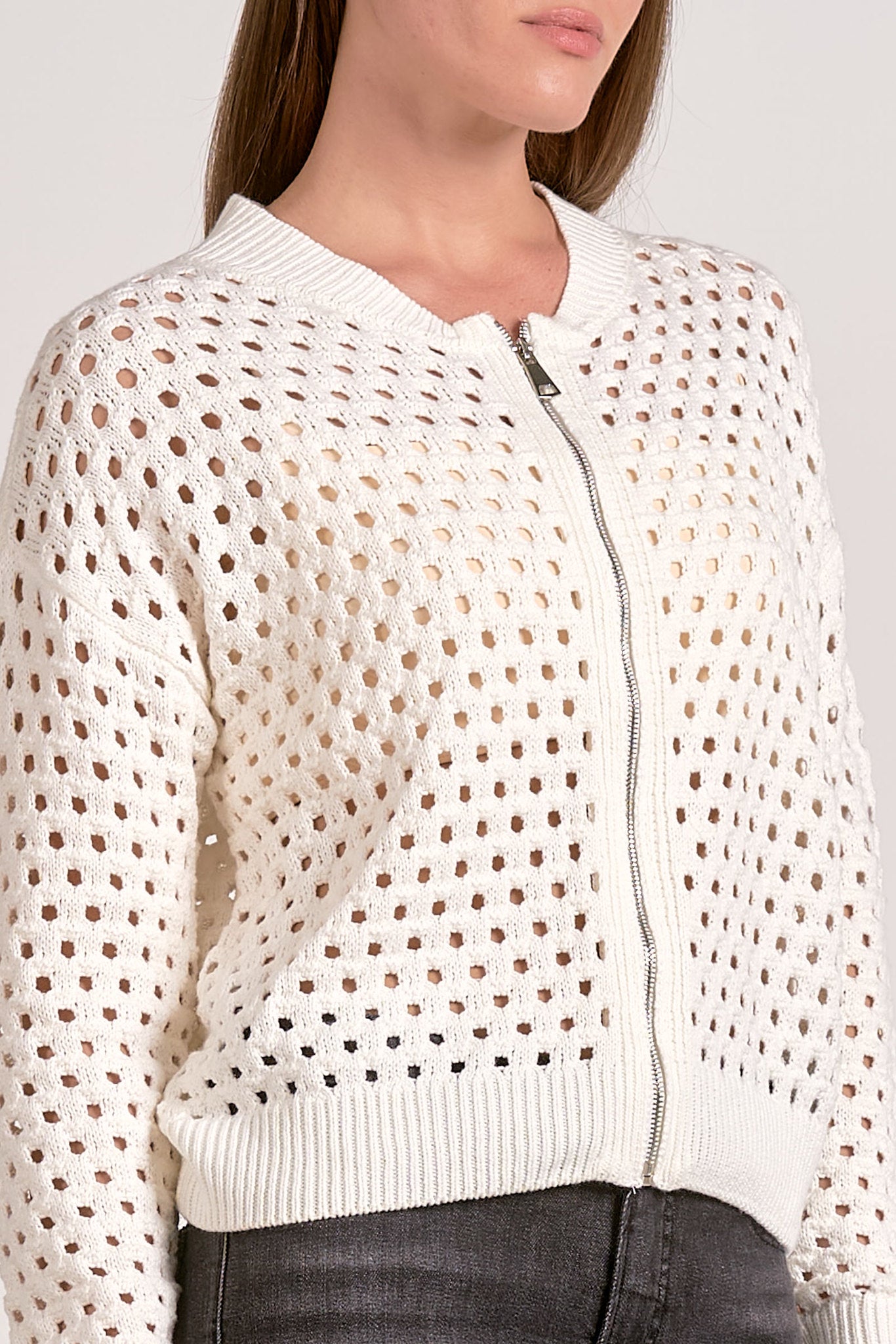 Open Net Knit Zip Zip Sweater White