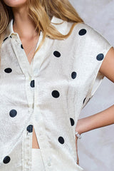 Polka Dot Cap Sleeve Satin Button Down Top Oyster