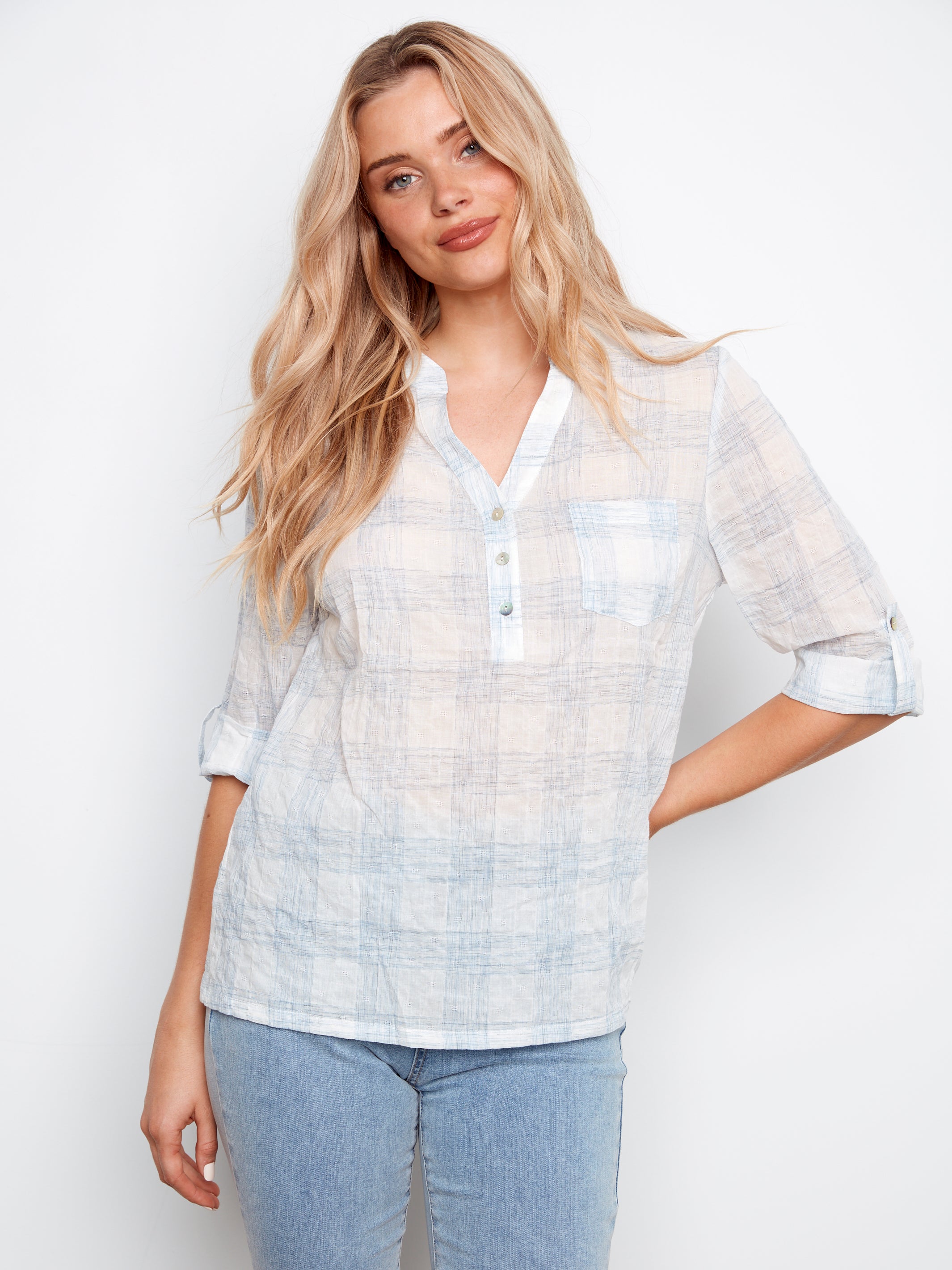 Printed Voile Half Buttoned Vneck Blouse Etched
