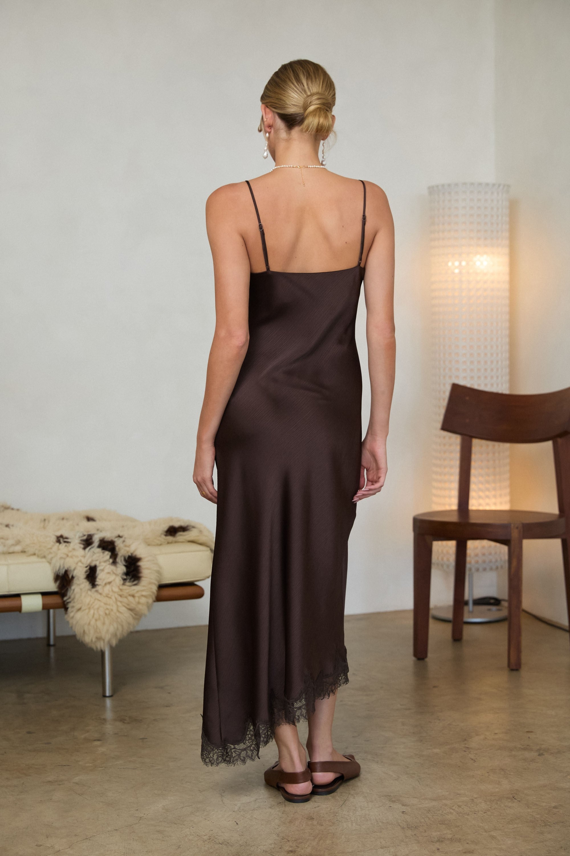 Crinkled Satin Lace Cami Dress Brown
