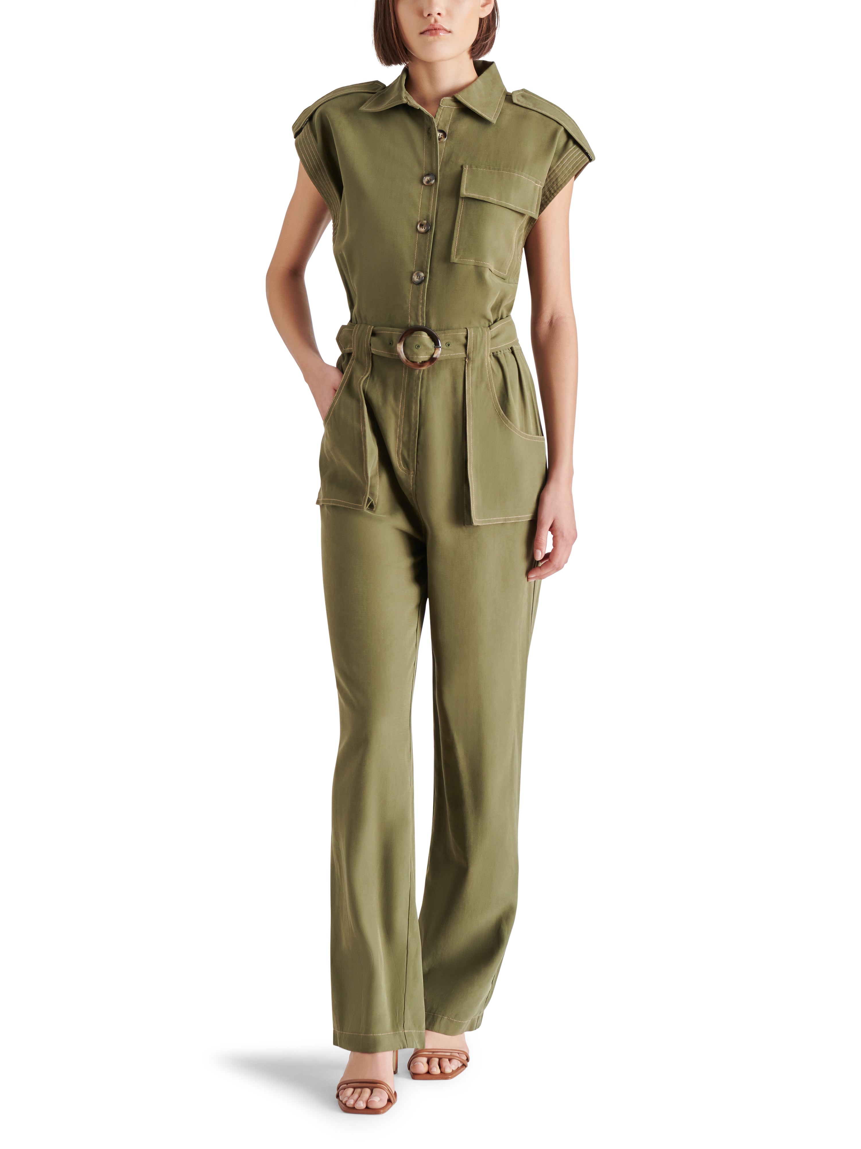 Gene Belted Utility Brushed Twill Jumpsuit Olive Night