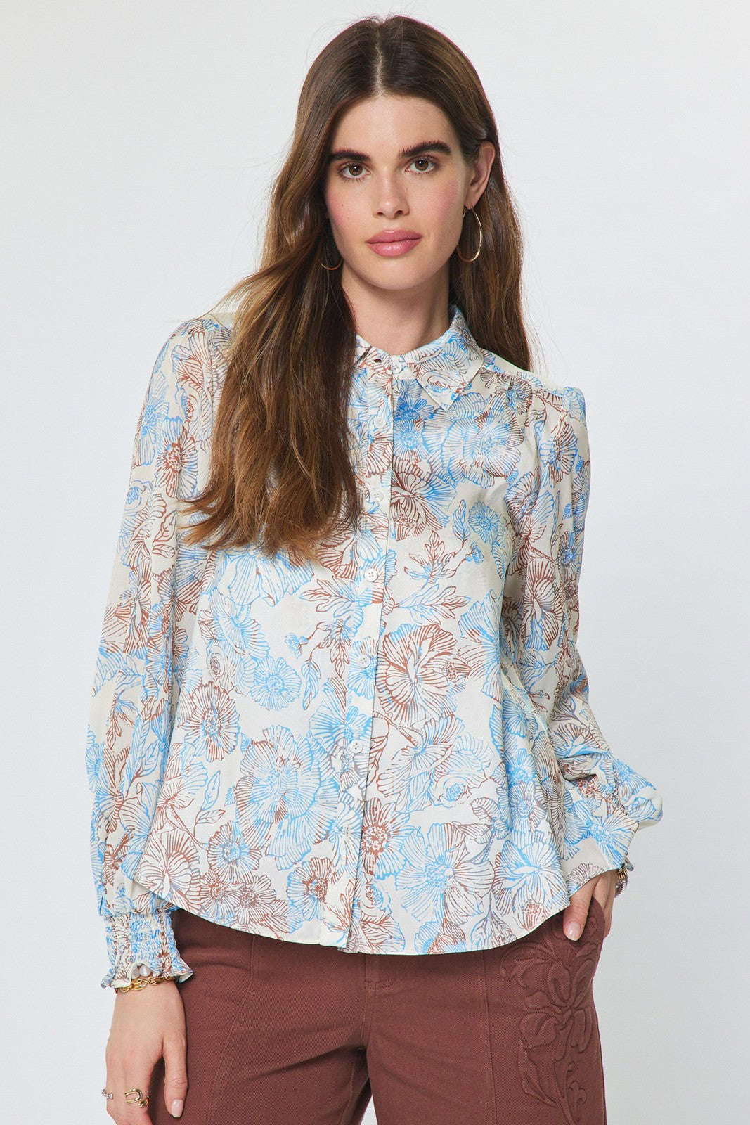 Floral Printed Button Down Blouse Ivory Blue Multi