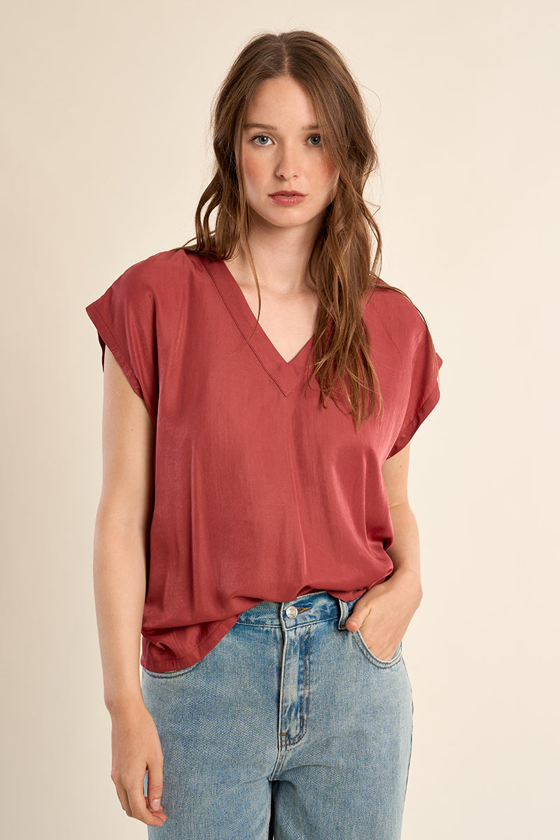 Flowy Vneck Wide Trim Top Terracotta