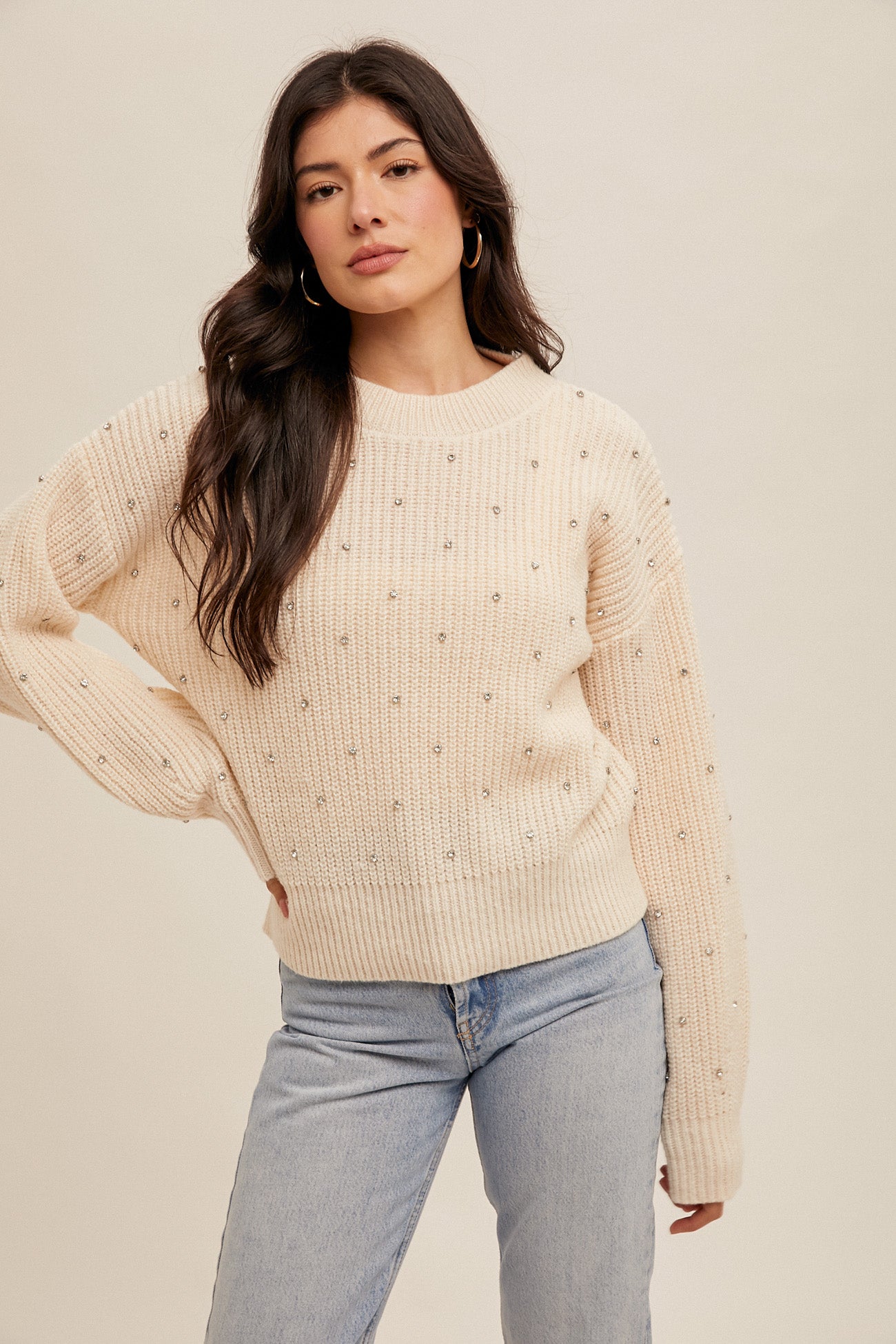Rhinestone Crew Neck Sweater Ecru