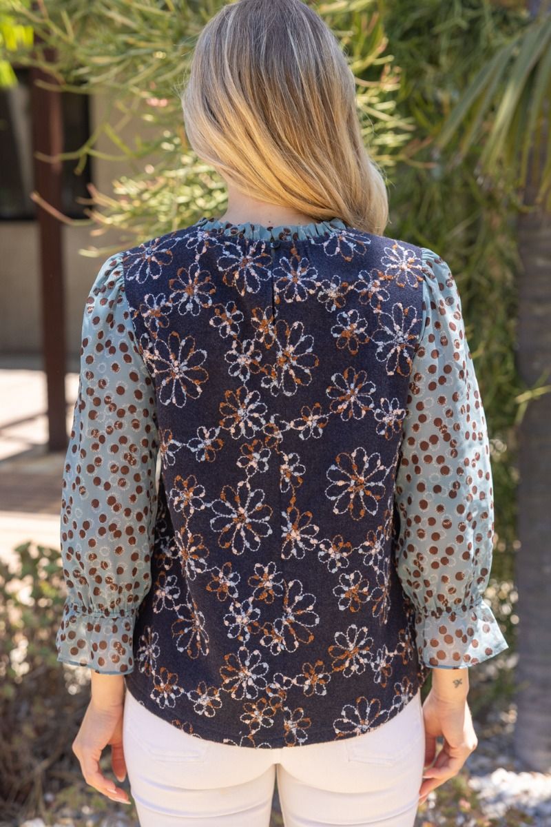 Textured Floral Polka Dot Sleeve Top Navy