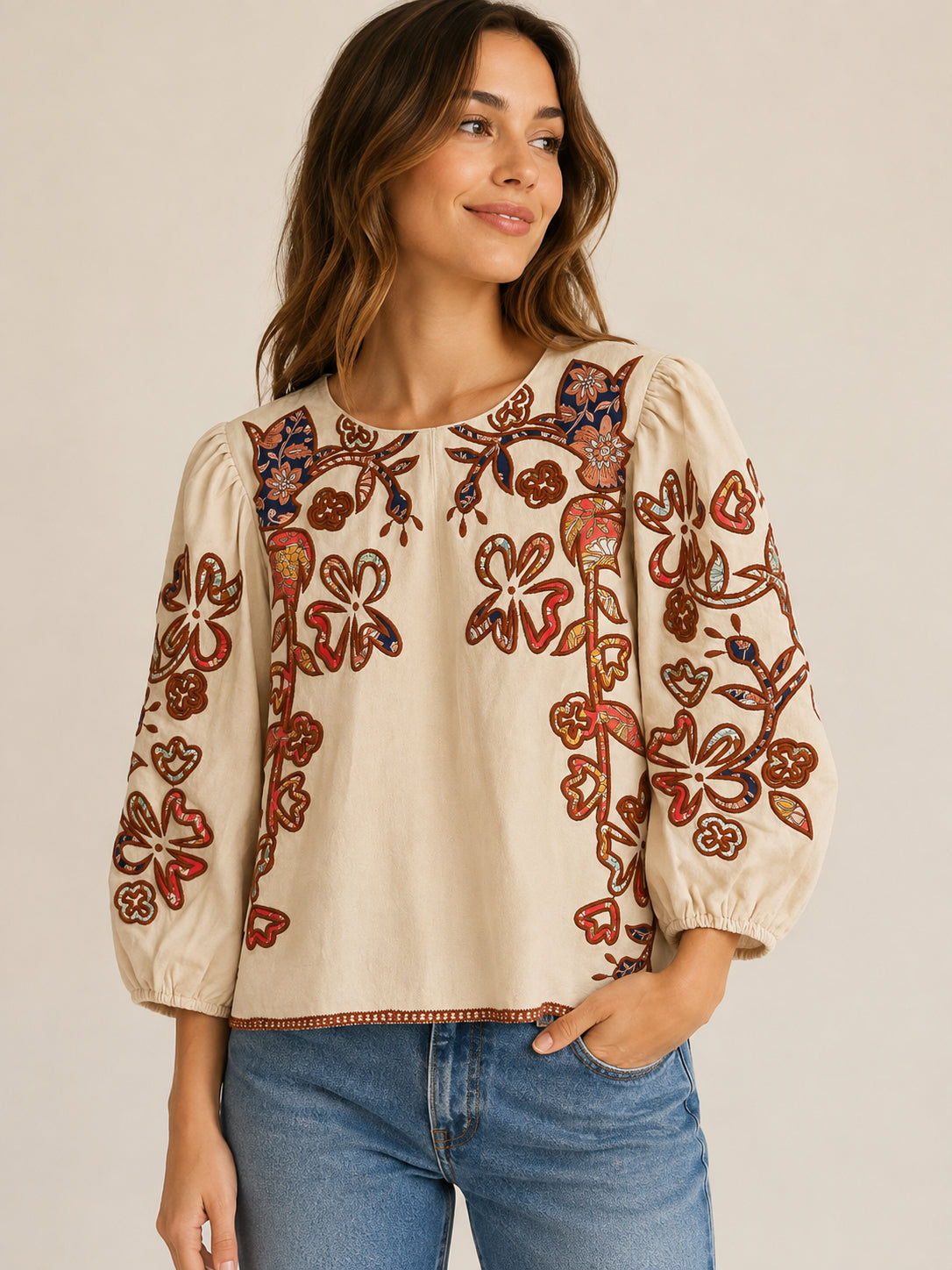 Floral Embroidered Puff Sleeve Top Cream