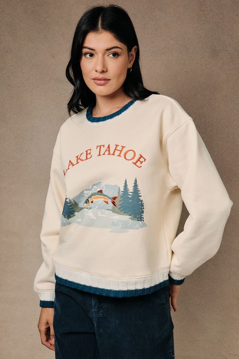 Lake Tahoe Embroidered Sweatshirt Cream + Teal